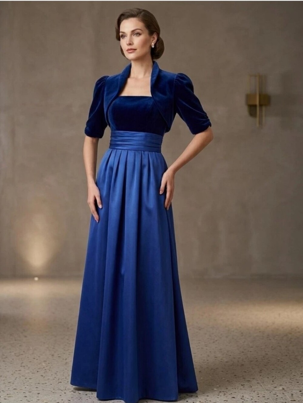 Vtg 80s House of Bianchi Royal Blue Velvet Satin Maxi Dress & Bolero Set XS
